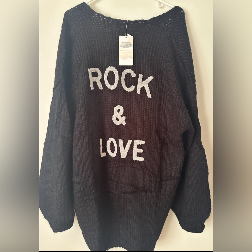 Black Knit ‘Rock and Love’ Cardigan / Sweater, Women’s Size Large, NWT - Picture 3 of 5